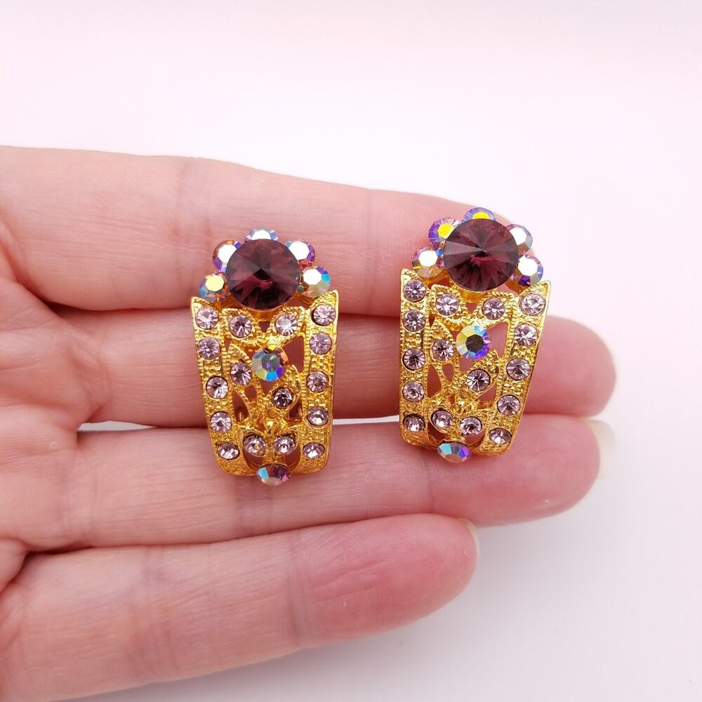 Earrings Gold Tone Clip On Purple Rivoli AB Crystals Clear Rhinestones Leaves